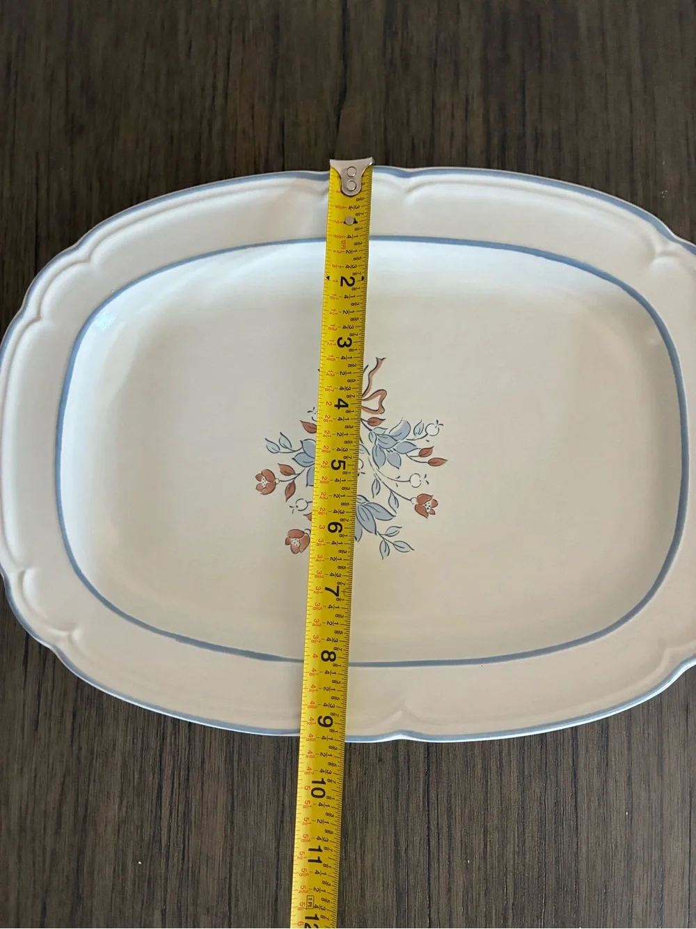 Cream Ceramic Serving Platter with Blue Rim and Orange Floral Accent
